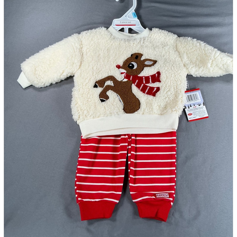 TWO sets 6 months NWT Rudolph Red-Nosed Reindeer Baby 2PC Sherpa Sweatsuit Set